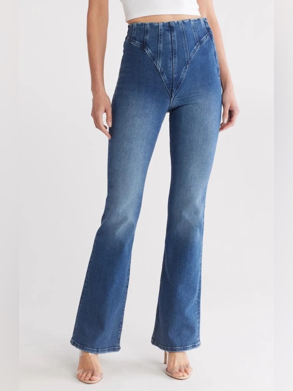 Good American Medium Blue High Waist Flare Compression Jeans — Size 28